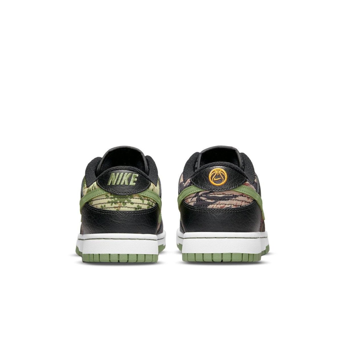 Nike Dunk Low Crazy Camo sneakers featuring unique camouflage patterns on a black and green base.