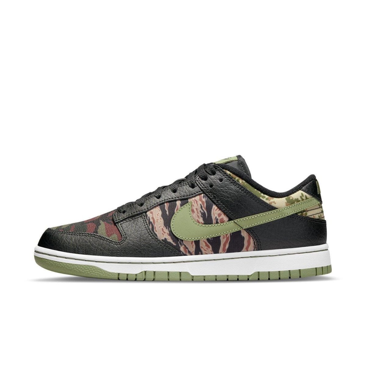 Nike Dunk Low Crazy Camo sneakers featuring a unique black and petrol green camouflage design.
