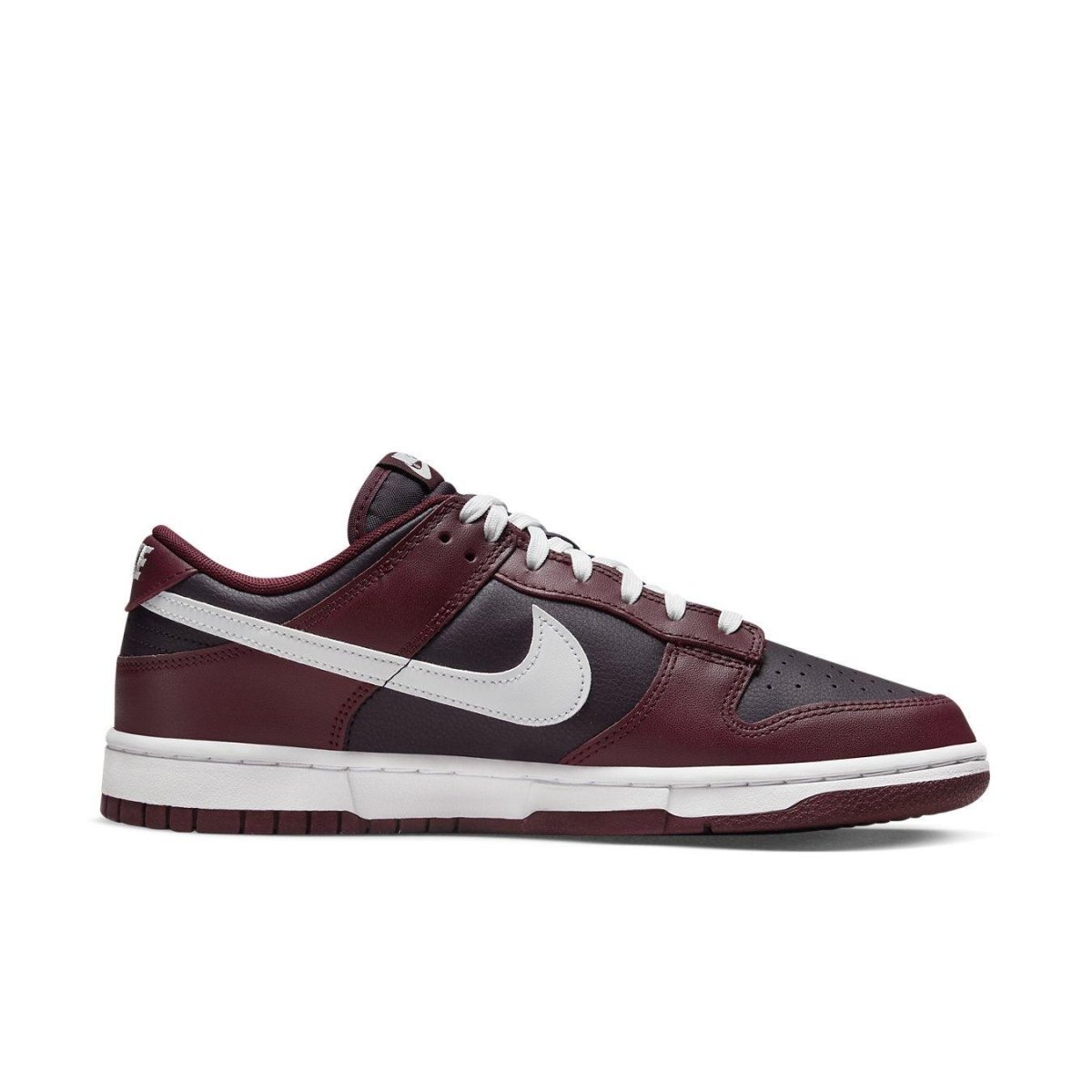 Nike Dunk Low Dark Beetroot sneaker in burgundy leather with white Swoosh and outsole.