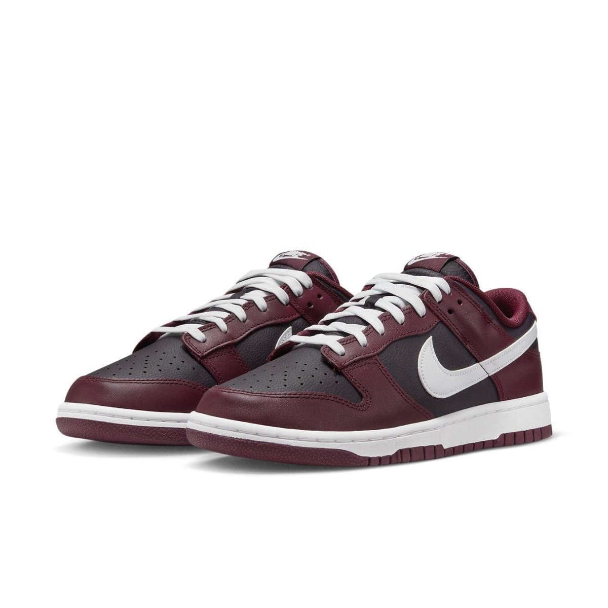 Nike Dunk Low Dark Beetroot sneakers featuring deep burgundy leather with white Swoosh and laces, stylish design.
