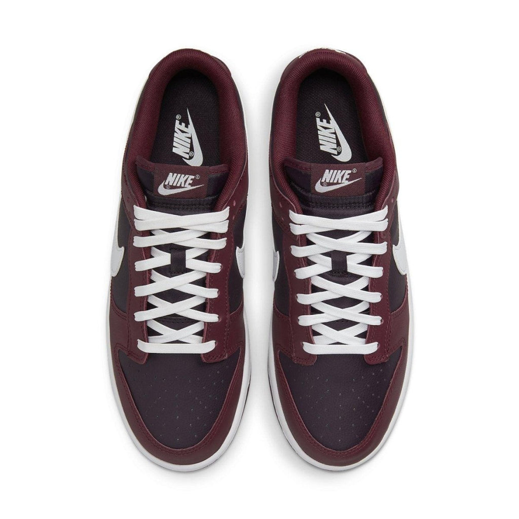 Nike Dunk Low Dark Beetroot top view displaying burgundy leather upper and white laces.