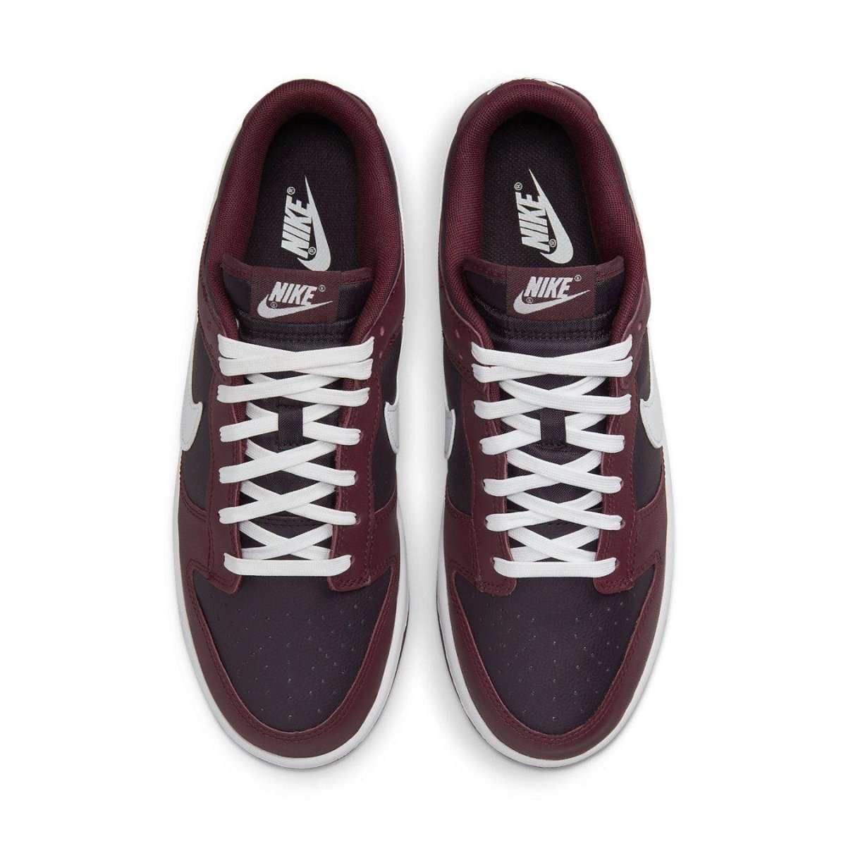 Nike Dunk Low Dark Beetroot top view displaying burgundy leather upper and white laces.