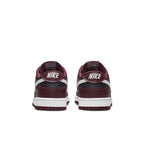 Nike Dunk Low Dark Beetroot sneakers rear view showcasing burgundy and white design details.