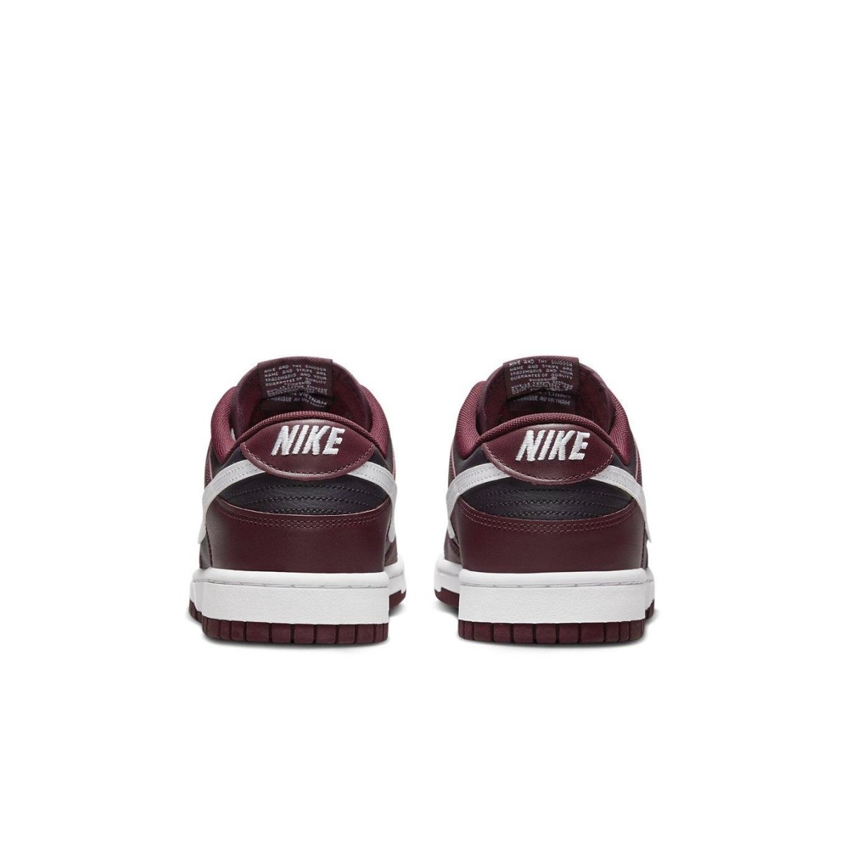 Nike Dunk Low Dark Beetroot sneakers rear view showcasing burgundy and white design details.