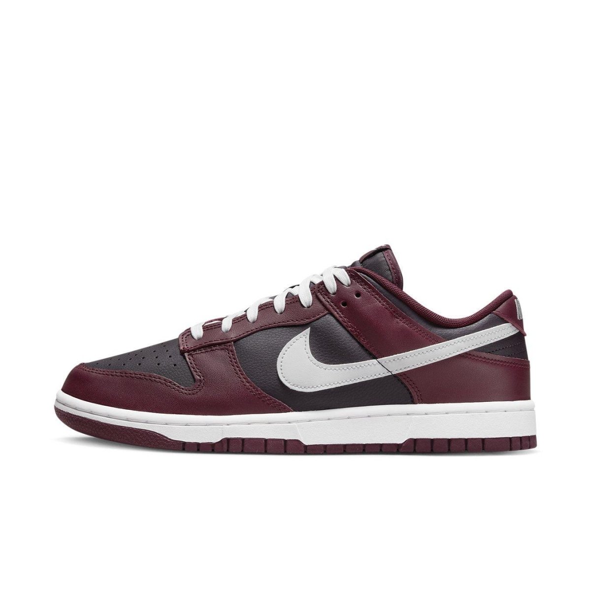 Nike Dunk Low Dark Beetroot sneaker featuring bold bordeaux overlays and grey detailing.