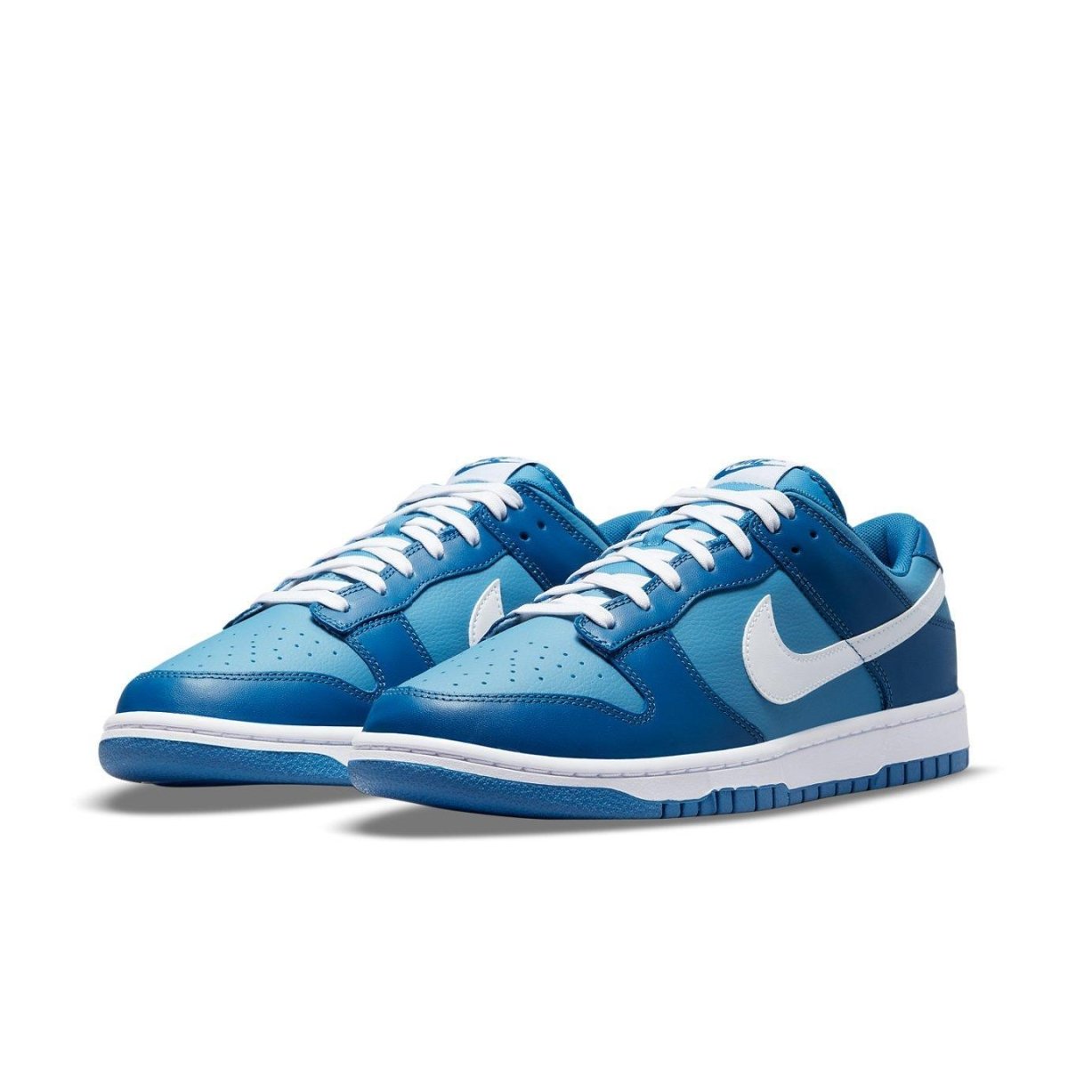 Nike Dunk Low Dark Marina Blue sneakers featuring blue leather uppers and white accents.