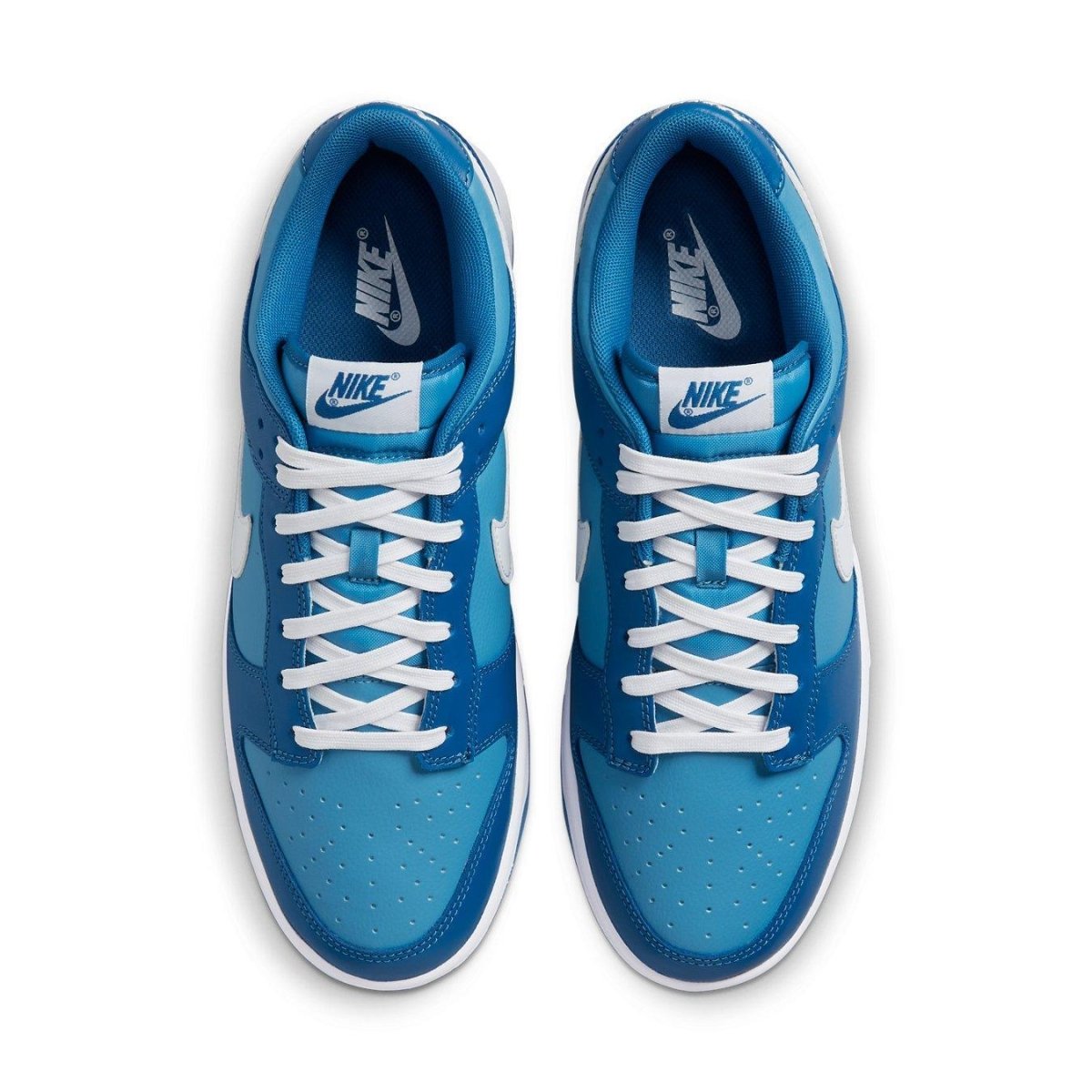 Nike Dunk Low Dark Marina Blue shoes featuring a blue and light blue colorway with white accents.