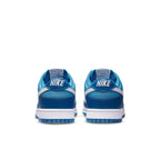Nike Dunk Low Dark Marina Blue shoes back view showcasing blue design and white details.