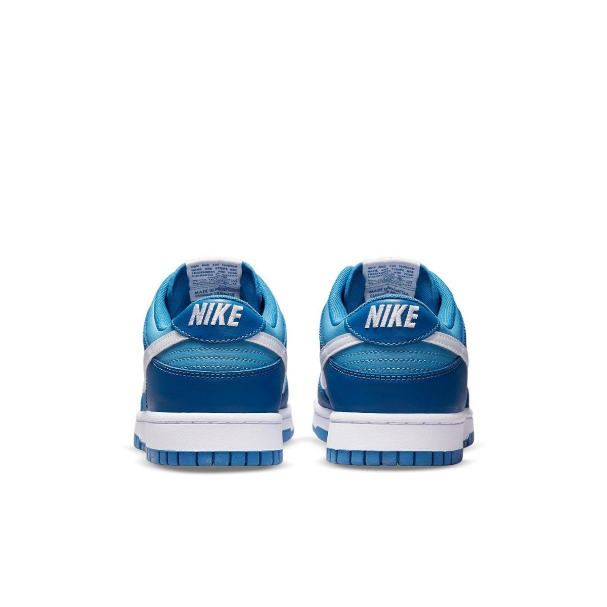 Nike Dunk Low Dark Marina Blue shoes back view showcasing blue design and white details.