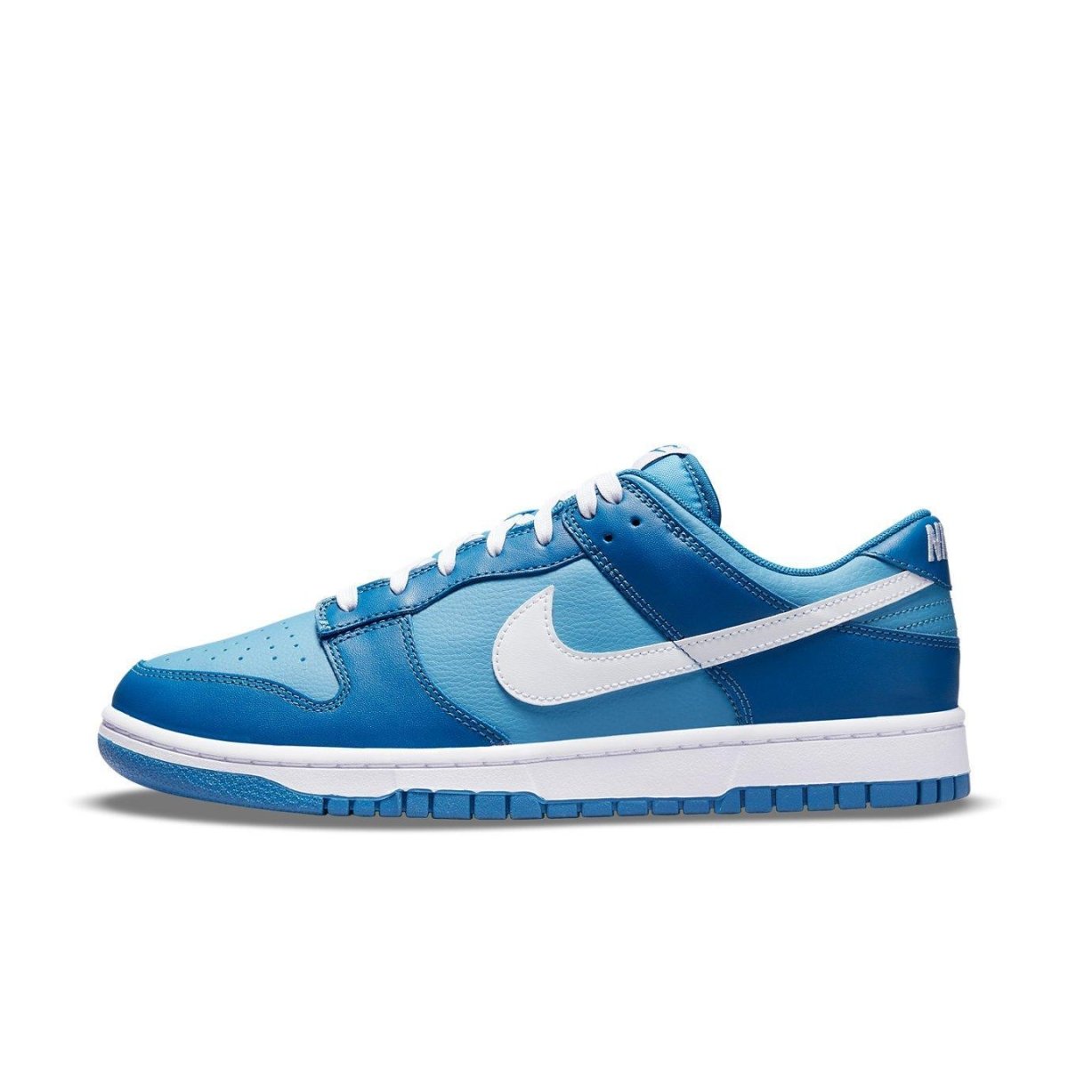 Nike Dunk Low Dark Marina Blue sneaker in vibrant blue with white accents and a stylish design.
