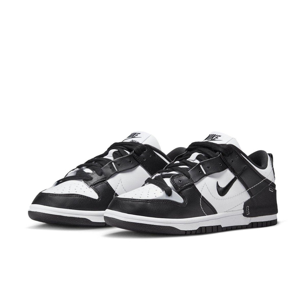Nike Dunk Low Disrupt 2 Panda for women, featuring black and white leather with perforated toe for ventilation.