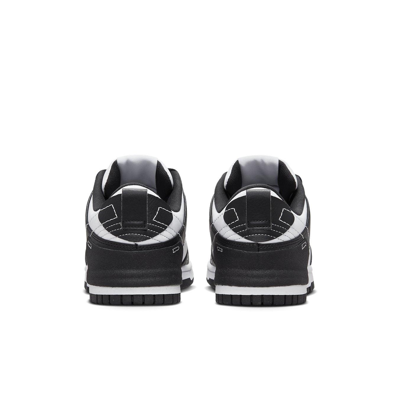 Nike Dunk Low Disrupt 2 Panda Women's black and white sneakers, showcasing the back view with sleek design and details.