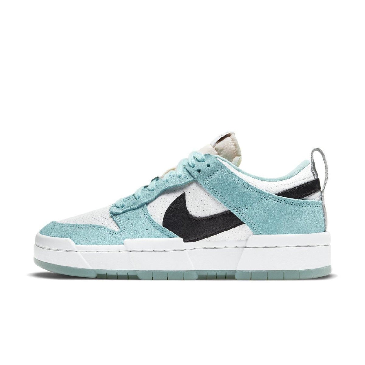 Nike Dunk Low Disrupt Copa (W) featuring a Copa, Black, White, and Silver colorway with suede and leather accents.