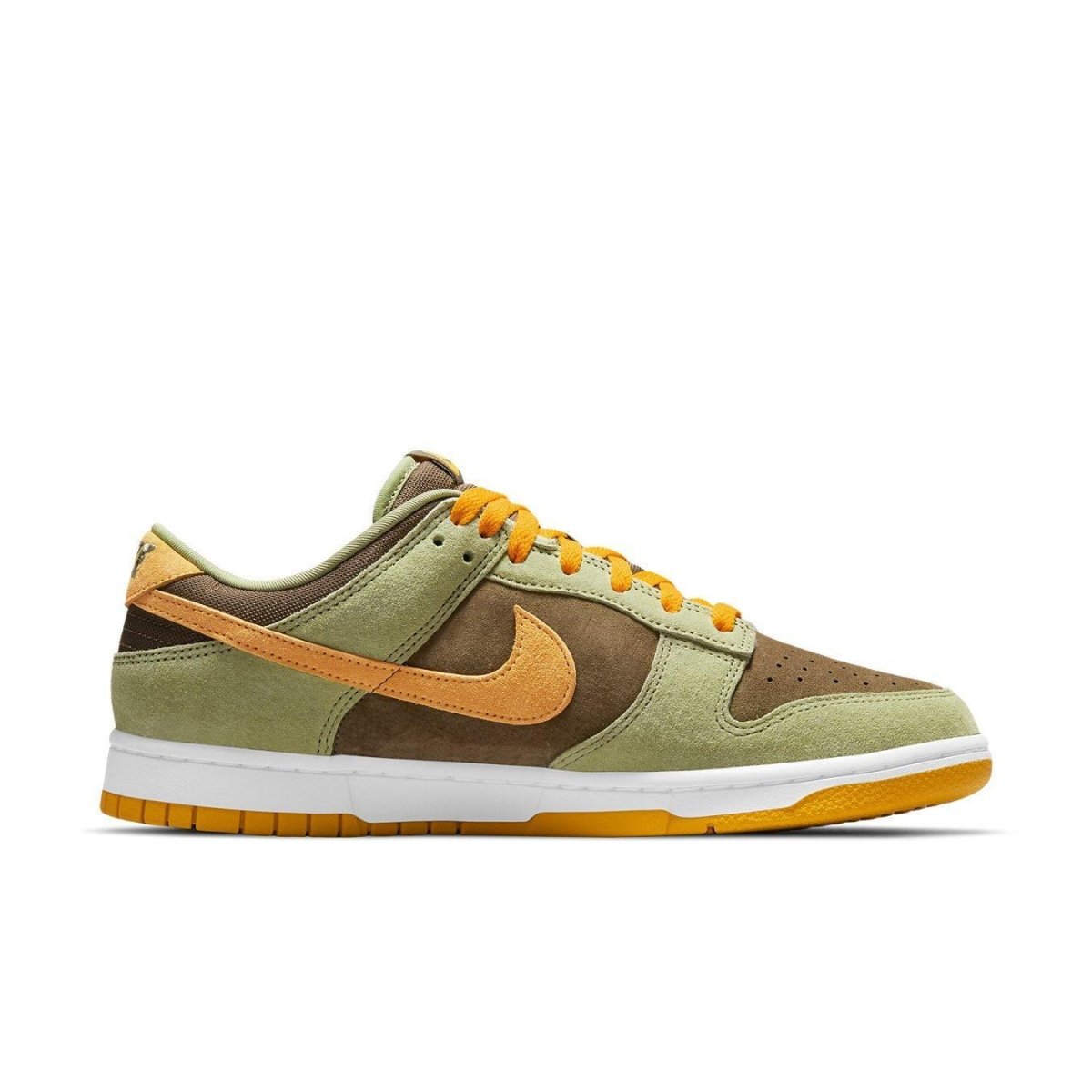 Nike Dunk Low Dusty Olive shoes in olive green and brown with orange accents and white midsole.