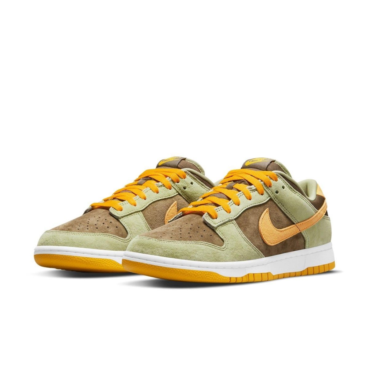 Nike Dunk Low Dusty Olive sneakers in olive green with brown and Pro Gold accents, featuring a white sole.