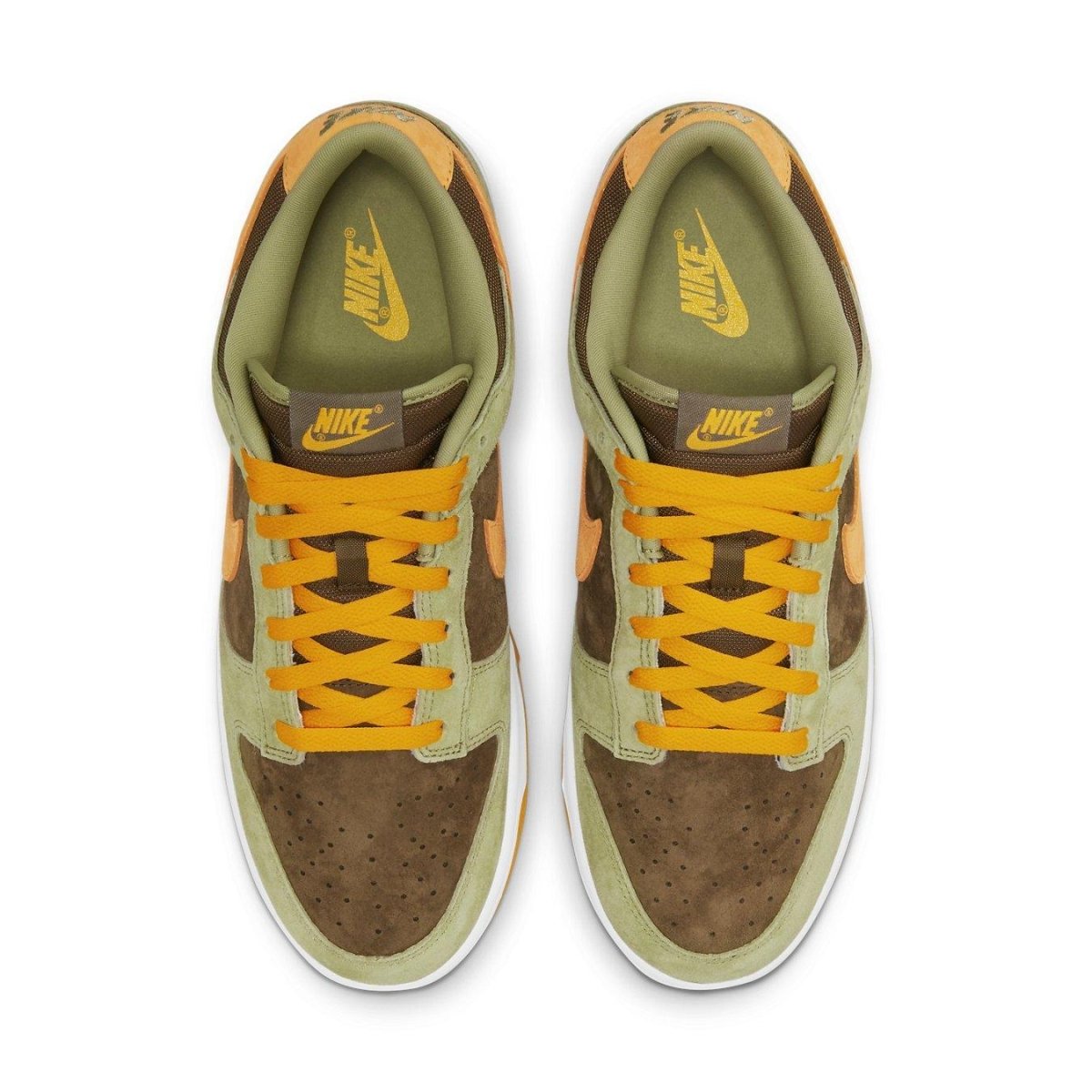 Nike Dunk Low Dusty Olive sneaker featuring suede upper in Dusty Olive, brown, and Pro Gold with yellow laces.