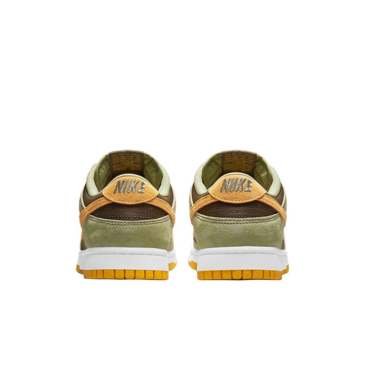 Nike Dunk Low Dusty Olive sneakers showing back view with Pro Gold and Olive color palette.