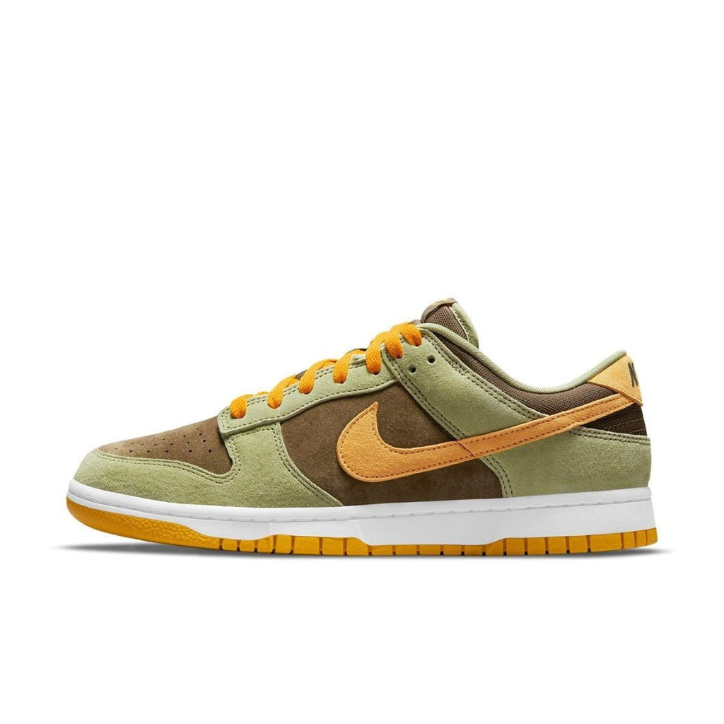 Nike Dunk Low Dusty Olive sneaker in olive green and brown suede with Pro Gold accents.