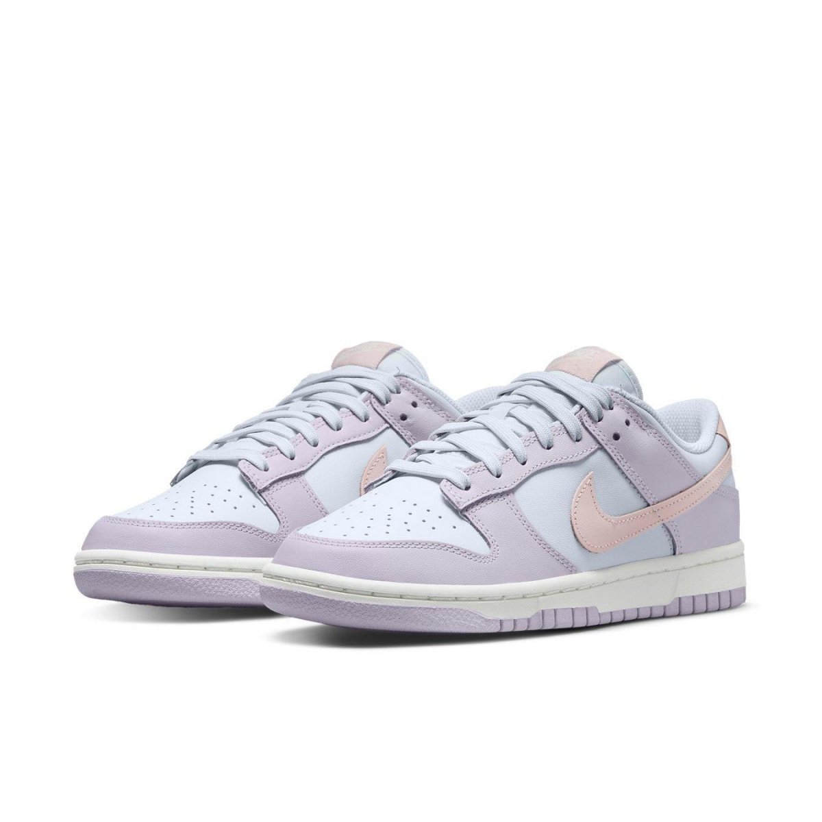 Nike Dunk Low 'Easter' 2022 sneaker for women in pastel blue and lavender with pink Swoosh.
