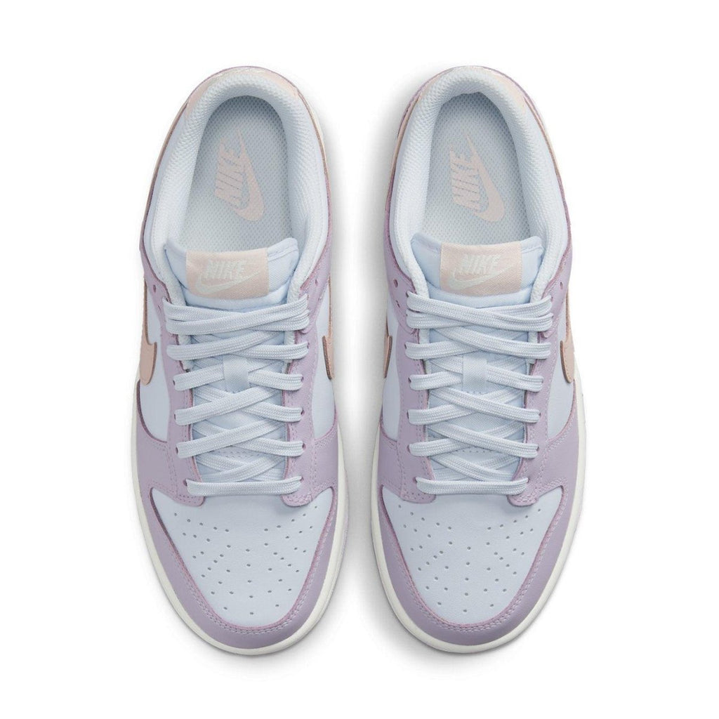 Nike Dunk Low Easter 2022 women's sneakers in pastel blue, lavender, and soft pink from above.