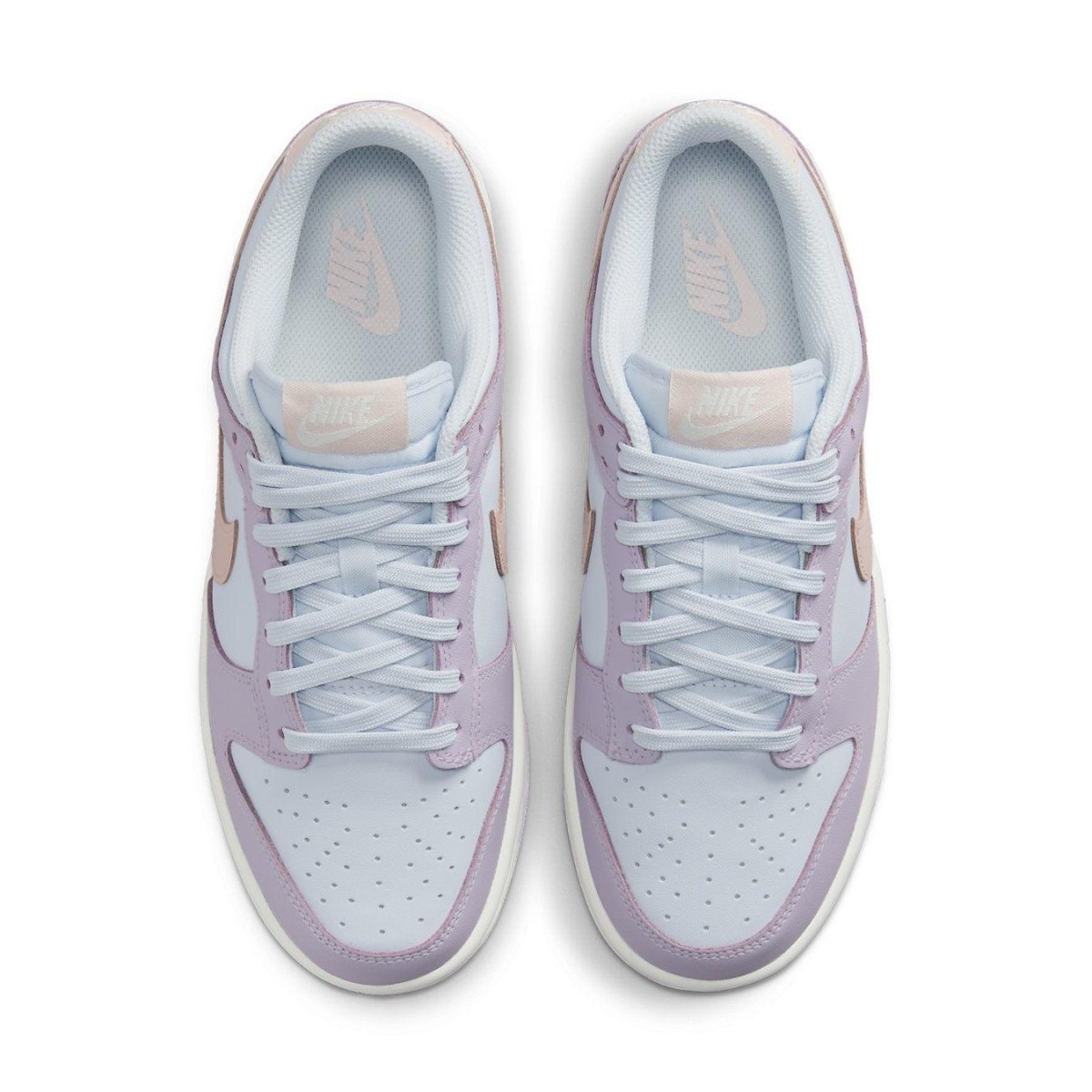 Nike Dunk Low Easter 2022 women's sneakers in pastel blue, lavender, and soft pink from above.