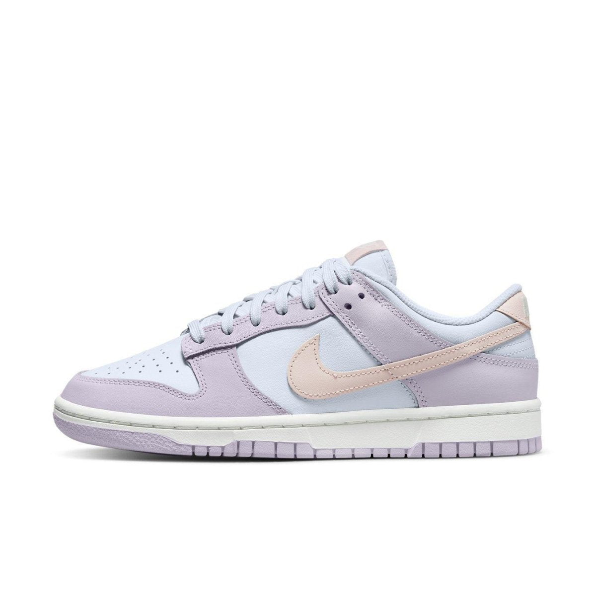 Nike Dunk Low Easter 2022 women's sneaker in pastel blue and lavender with pink Swoosh detail.