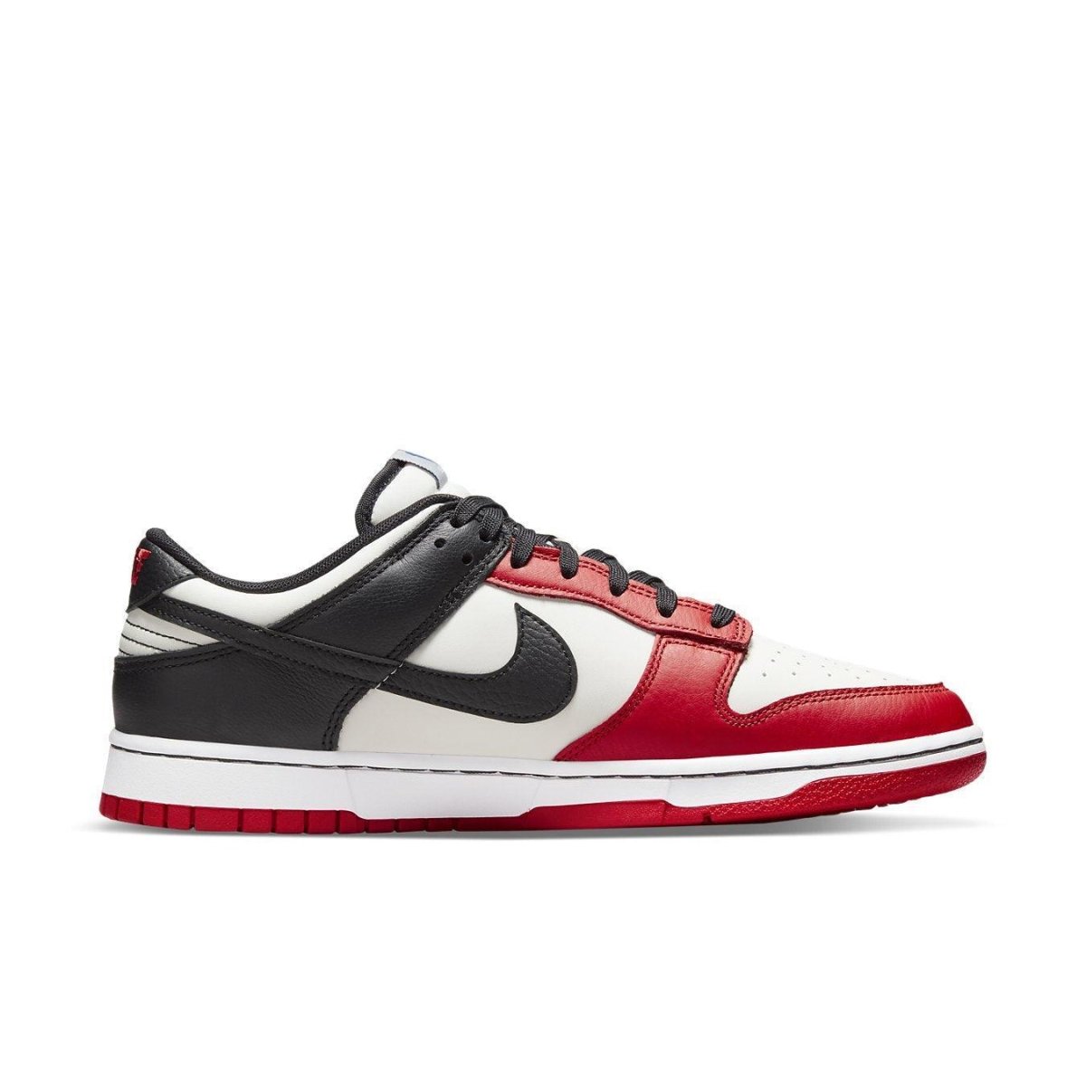 Nike Dunk Low EMB NBA 75th Anniversary in Sail, Black, and Chile Red colorway, featuring sleek leather design.