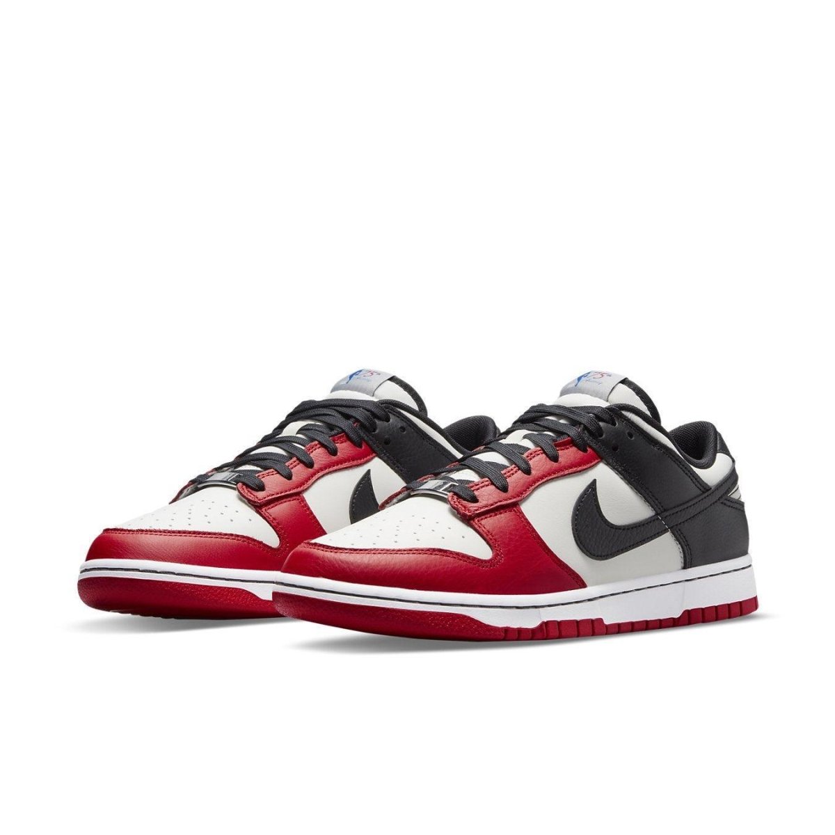 Nike Dunk Low EMB NBA 75th Anniversary shoes in Sail, black, and Chile red colorway.