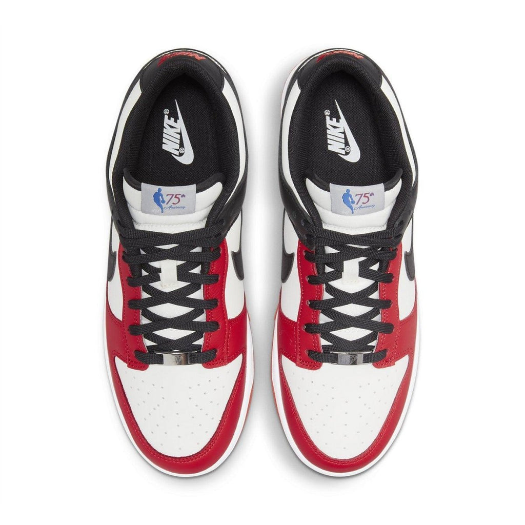 Nike Dunk Low EMB NBA 75th Anniversary Chicago in Sail, Black, and Chile Red with unique tongue labels and diamond lace dubraes.