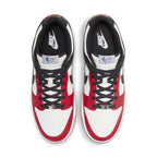 Nike Dunk Low EMB NBA 75th Anniversary Chicago in Sail, Black, and Chile Red with unique tongue labels and diamond lace dubraes.