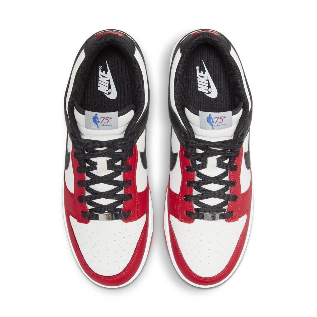 Nike Dunk Low EMB NBA 75th Anniversary Chicago in Sail, Black, and Chile Red with unique tongue labels and diamond lace dubraes.
