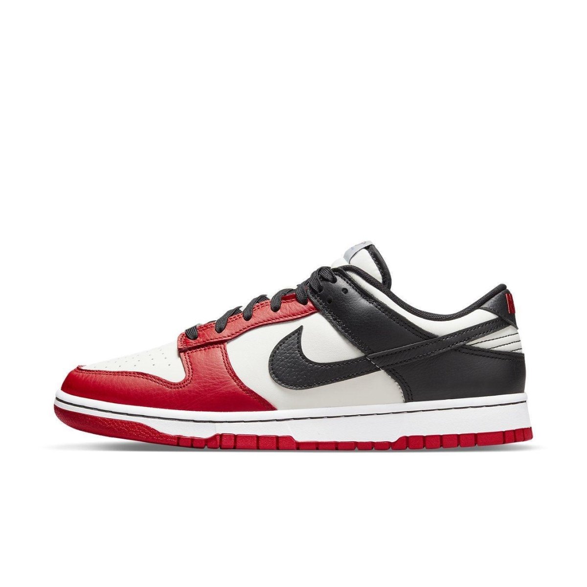 Nike Dunk Low EMB NBA 75th Anniversary in Sail, Black, and Chile Red colorway with diamond-etched lace dubraes.
