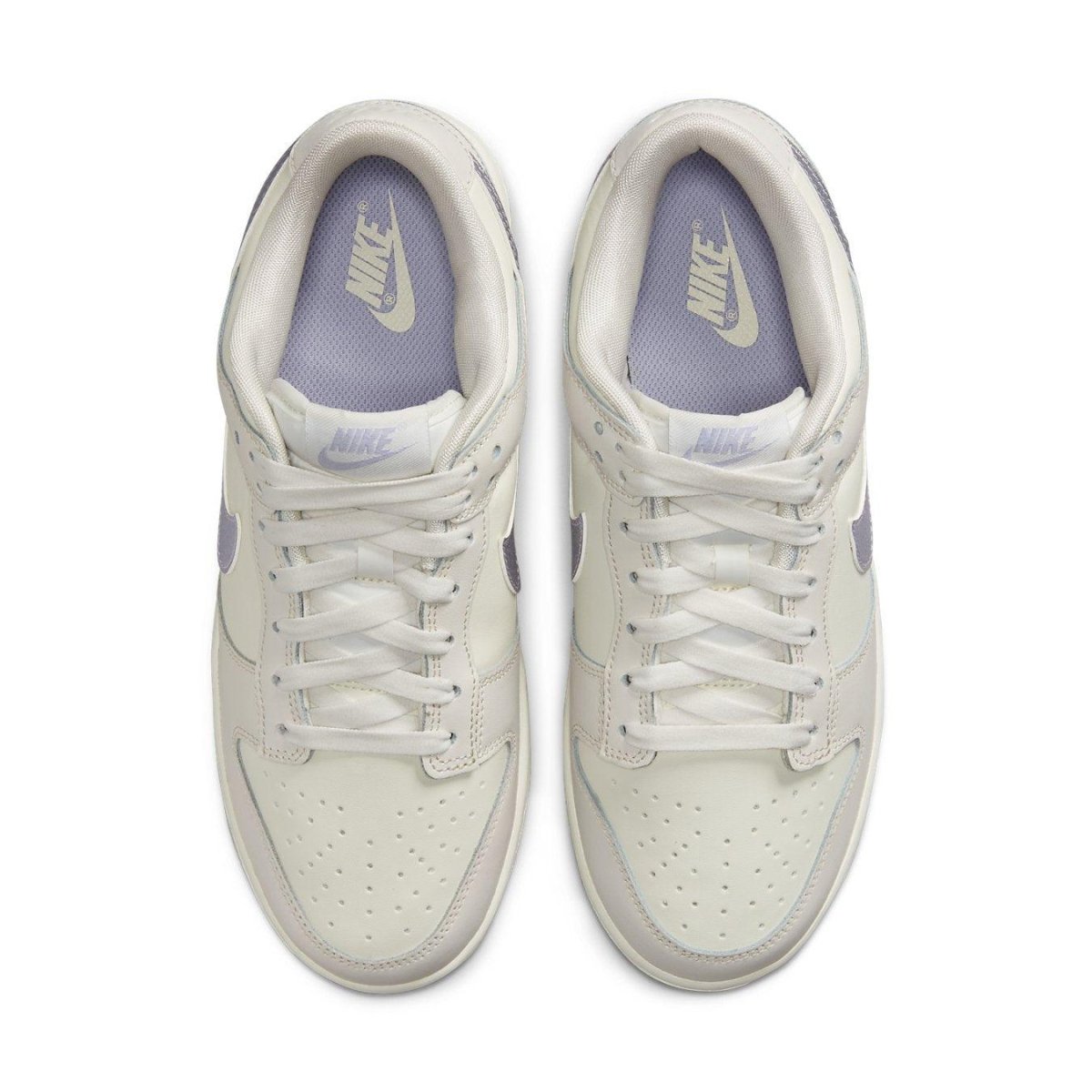 Nike Dunk Low ESS Sail Oxygen Purple women's sneakers top view with white and metallic purple accents.