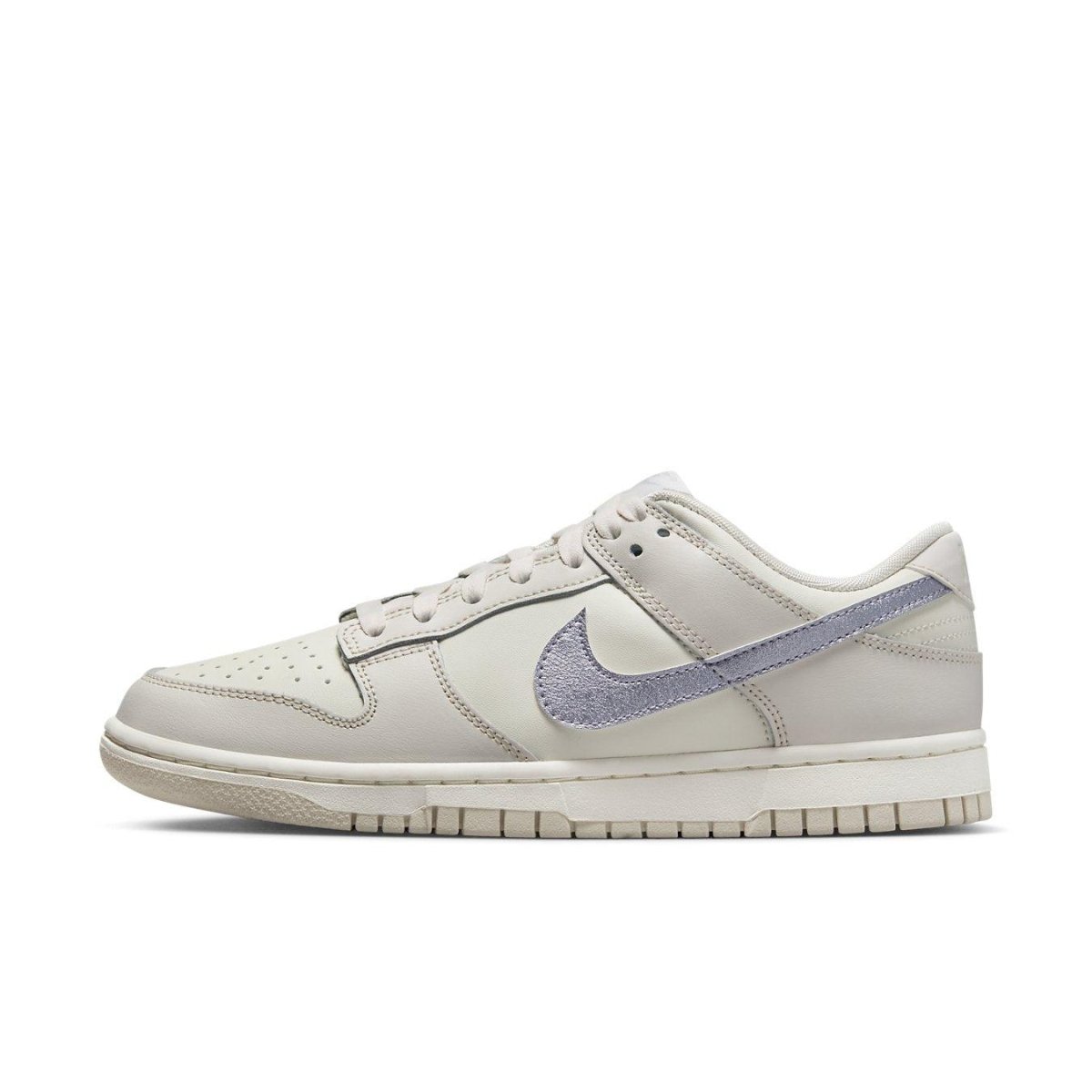 Nike Dunk Low ESS Sail Oxygen Purple women's sneaker in premium white leather with metallic purple Swoosh.
