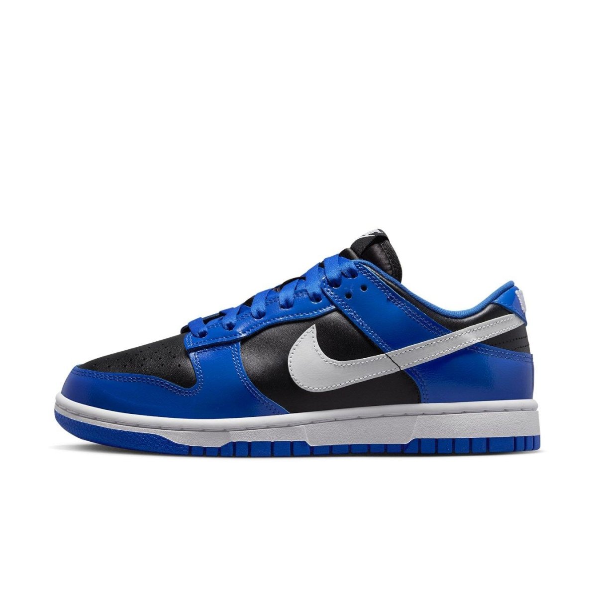 Nike Dunk Low Essential Game Royal Black White for women - stylish blue and black sneaker with white Swoosh.