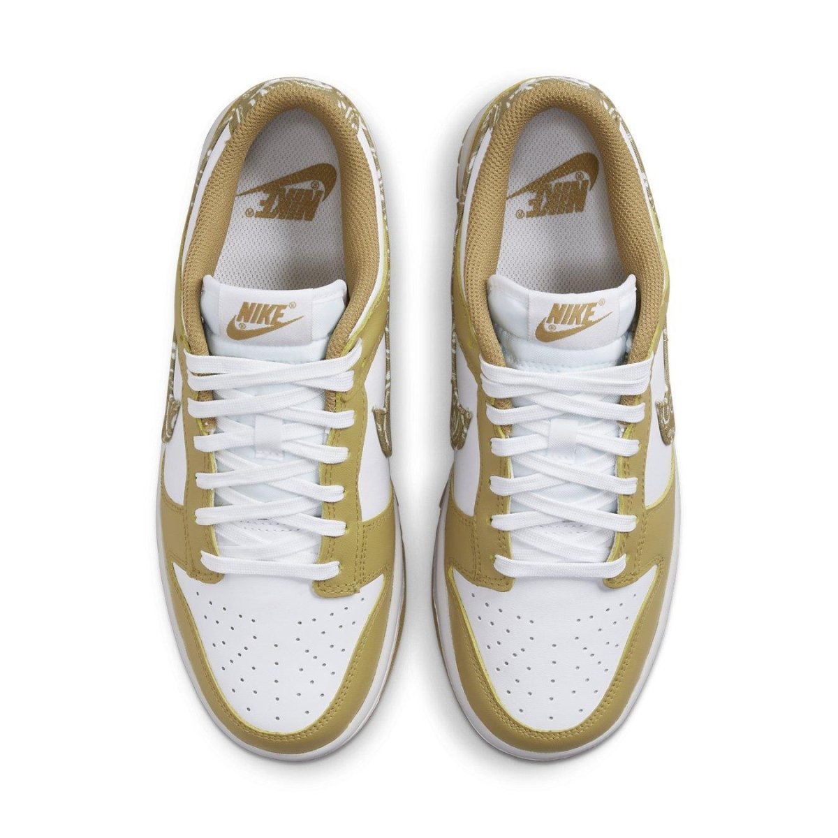 Nike Dunk Low Essential Paisley Pack Barley (W) in white and barley gold colorway, top view with laces.