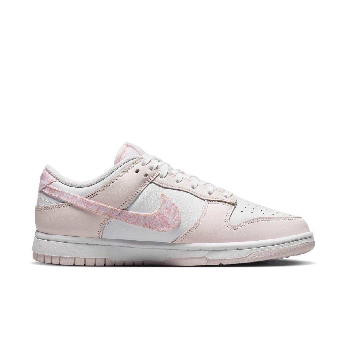 Nike Dunk Low Essential Pink Paisley Women's sneaker with white and pink leather design.