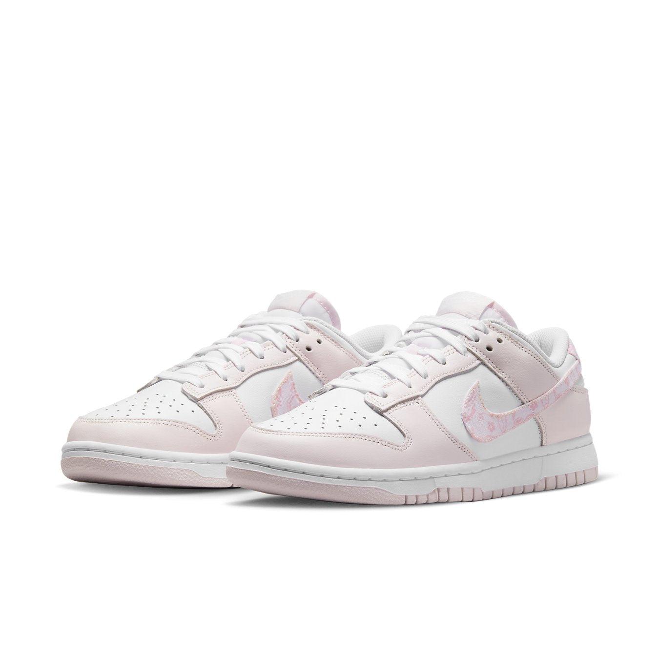 Nike Dunk Low Essential Pink Paisley Pack for women, featuring white leather and pink paisley details.
