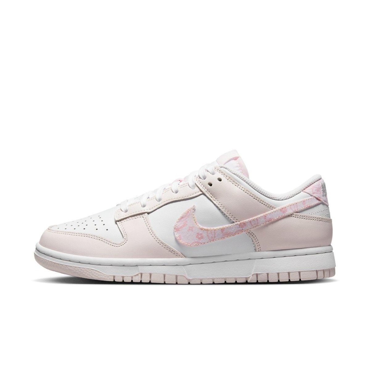 Nike Dunk Low Essential Paisley Pack Pink women’s sneaker in white and pink leather with Paisley details.