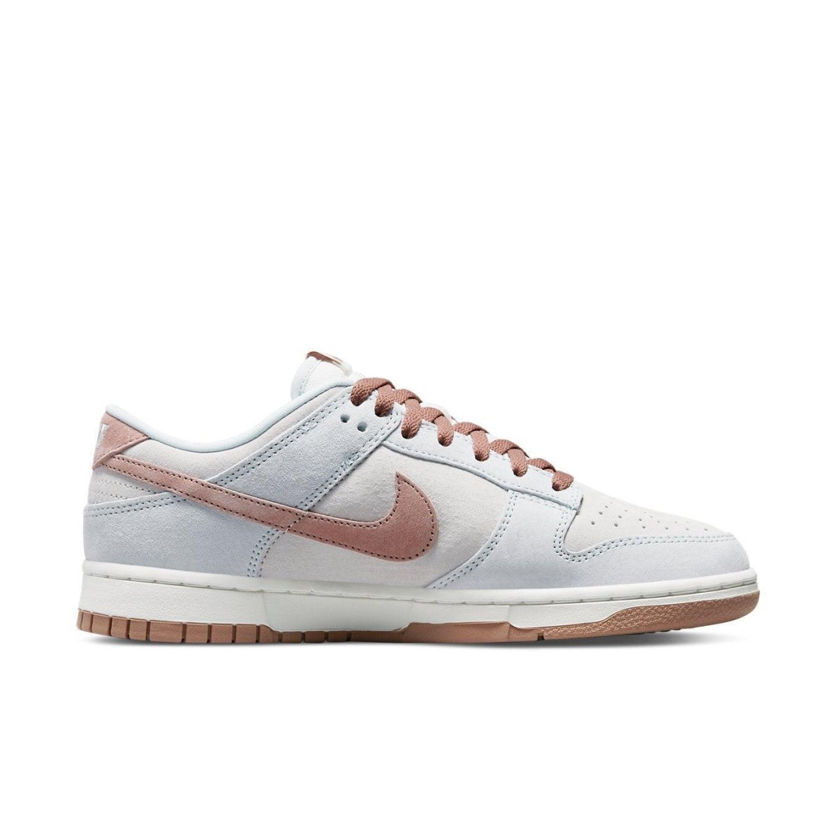 Nike Dunk Low Fossil Rose sneaker featuring beige suede, pastel pink accents, and grayish-blue details.