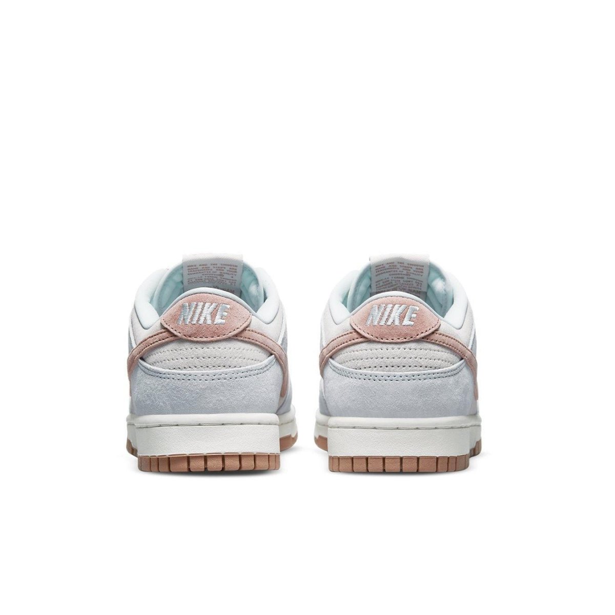 Nike Dunk Low Fossil Rose sneakers rear view featuring beige suede and pastel pink accents.