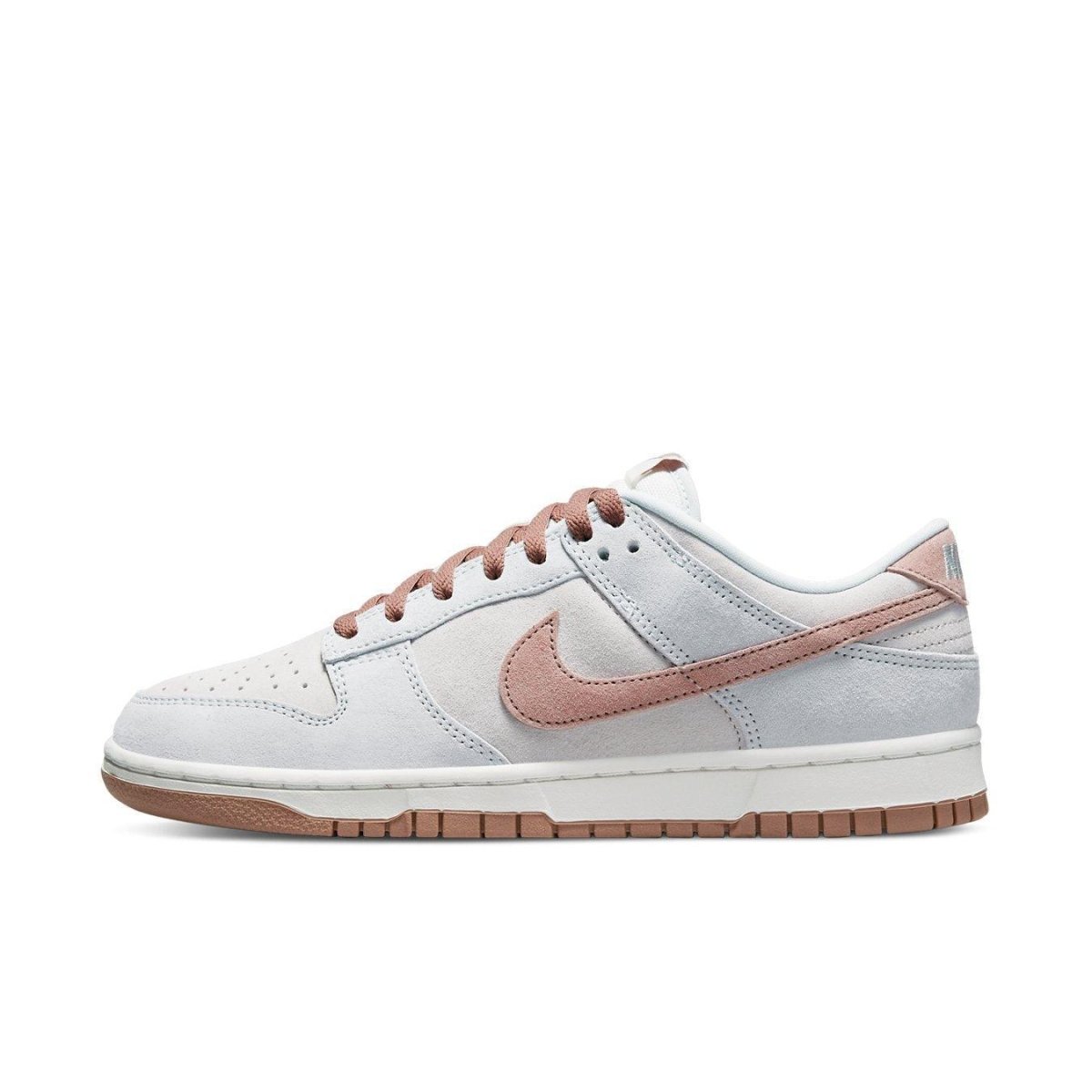 Nike Dunk Low Fossil Rose in beige suede with pastel pink accents and gray-blue details, side view.