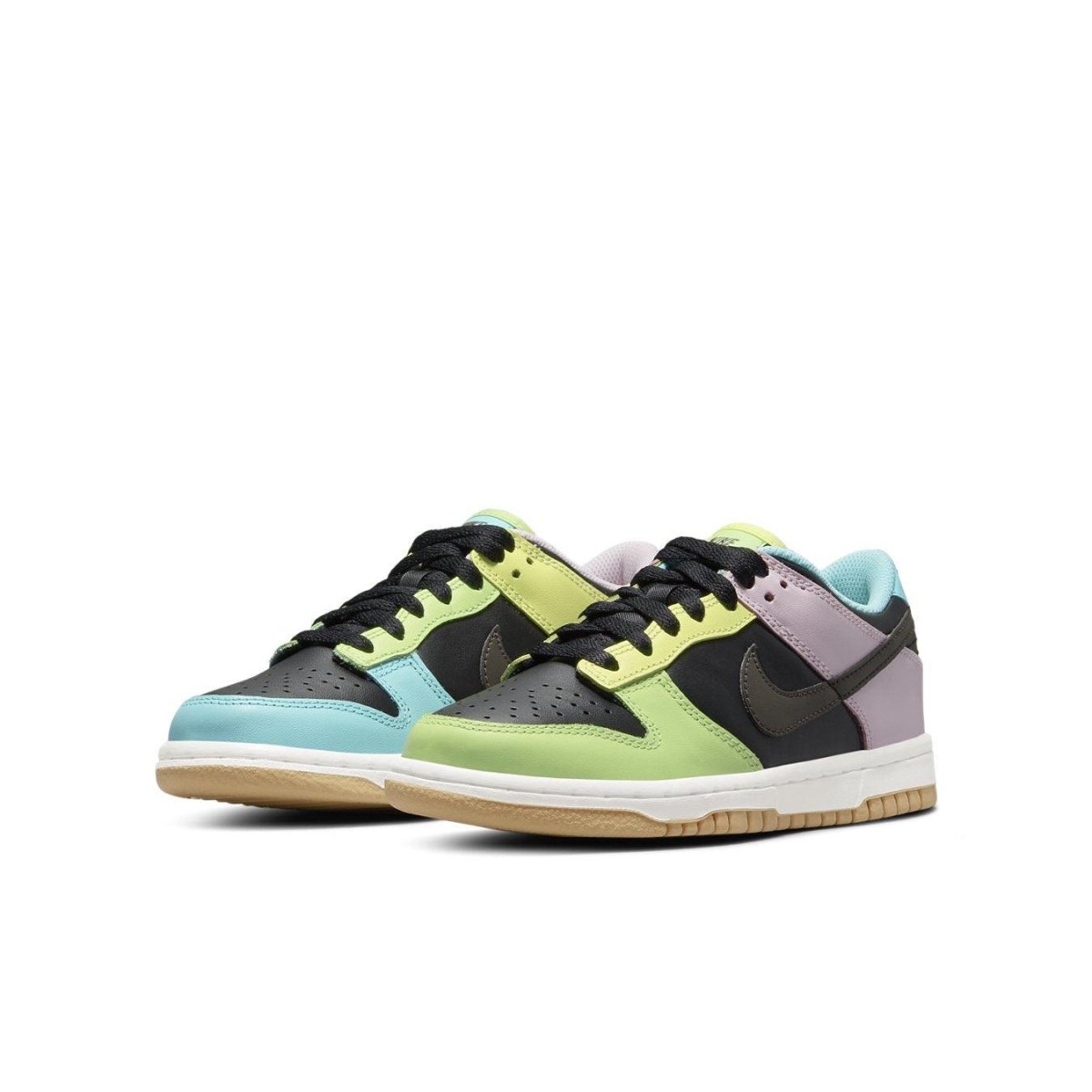 Nike Dunk Low SE in vibrant colors featuring black accents and a stylish design on a white midsole.