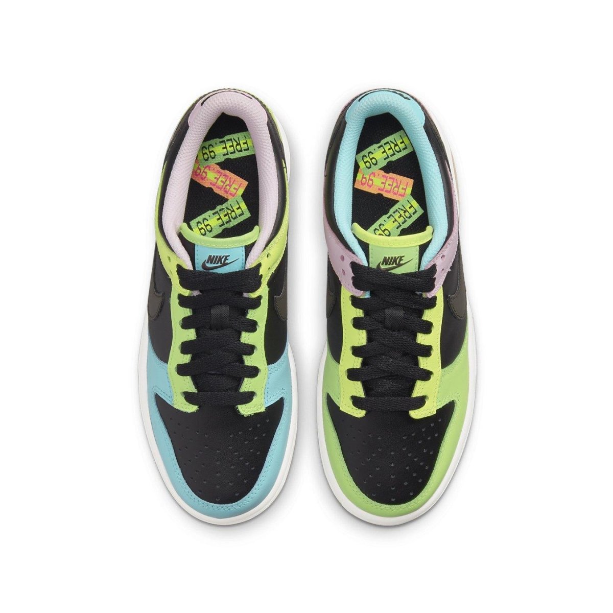 Nike Dunk Low Free 99 Black (GS) featuring unique color blocking in black, blue, pink, and green.