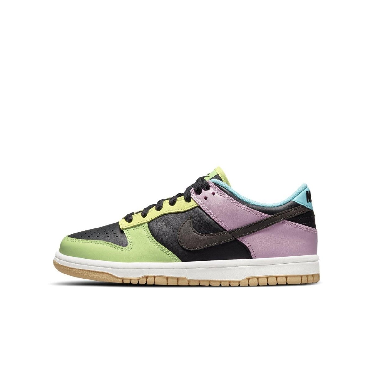 Nike Dunk Low SE 'Free.99' in black, green, pink, and blue with gum sole, a stylish streetwear sneaker design.