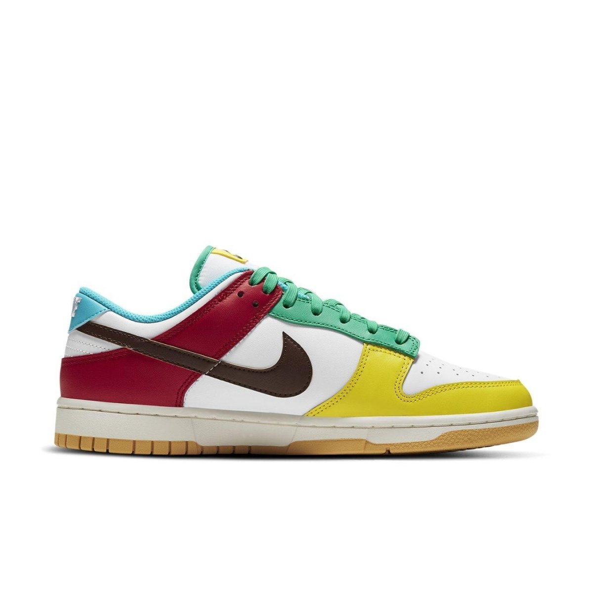 Nike Dunk Low Free 99 White featuring colorful blocks in red, green, yellow, and blue on a white leather base.