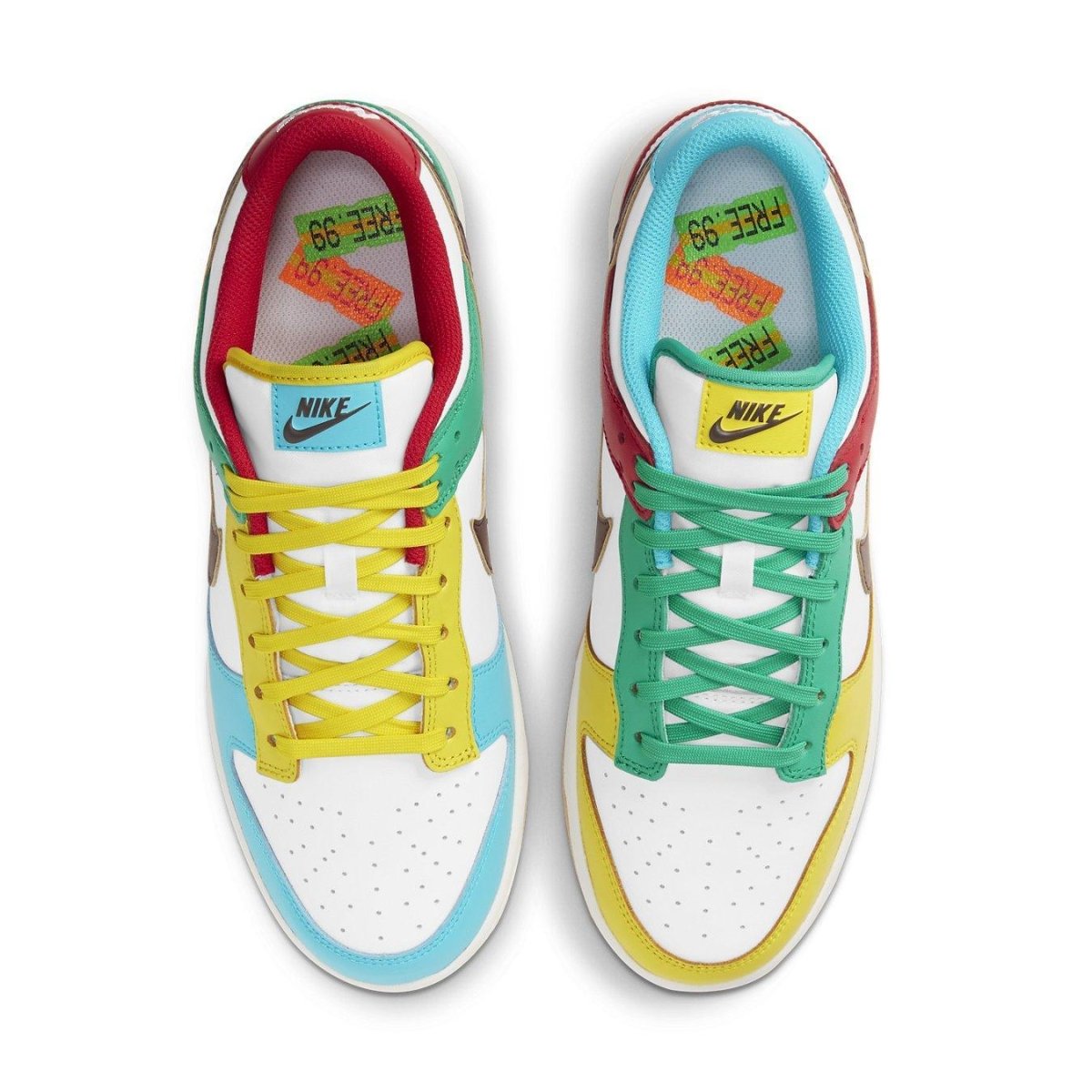 Nike Dunk Low Free 99 White with colorful mismatched laces, featuring red, yellow, green, and blue accents.