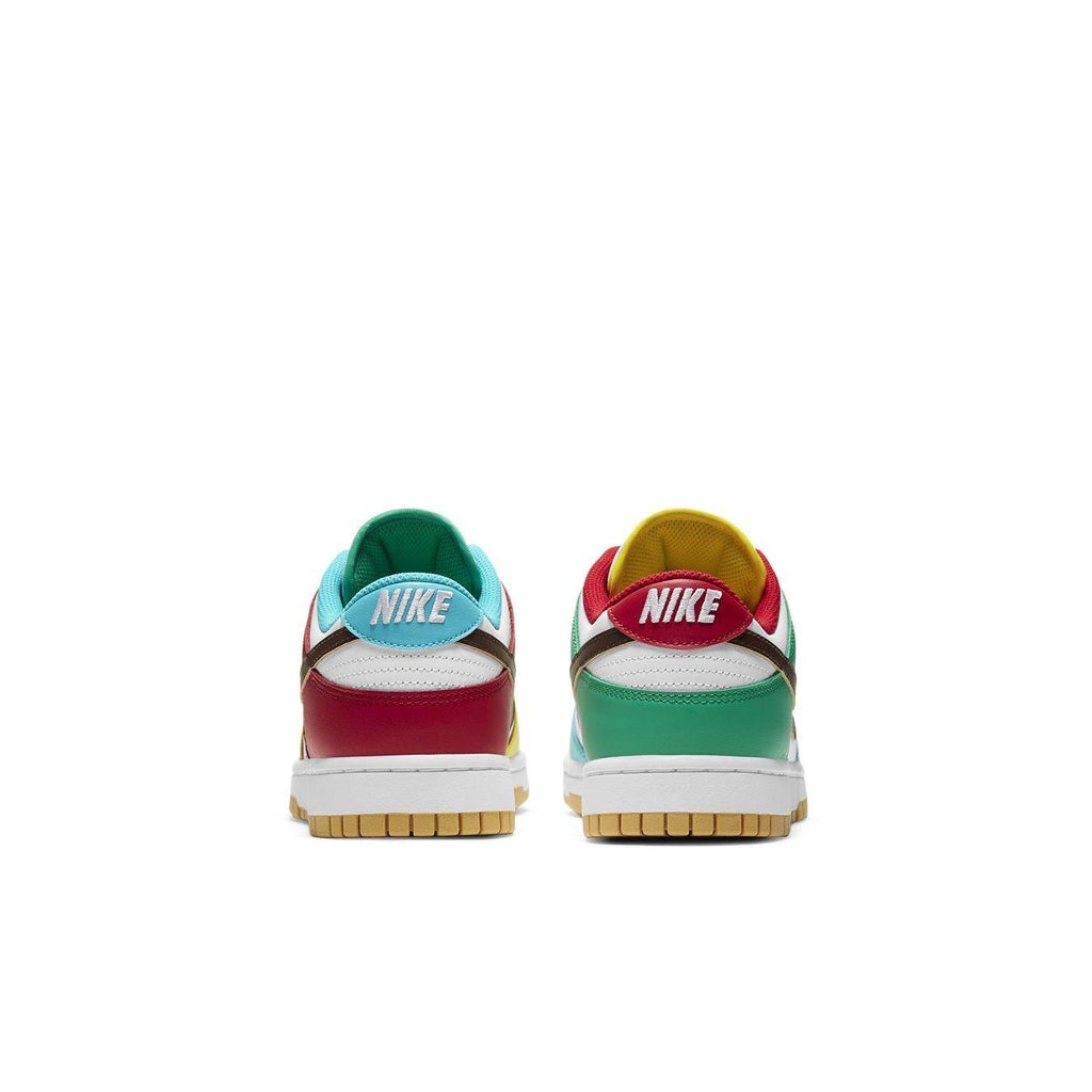Nike Dunk Low Free 99 White sneakers showcasing a colorful rear view with red, green, yellow, and blue accents.