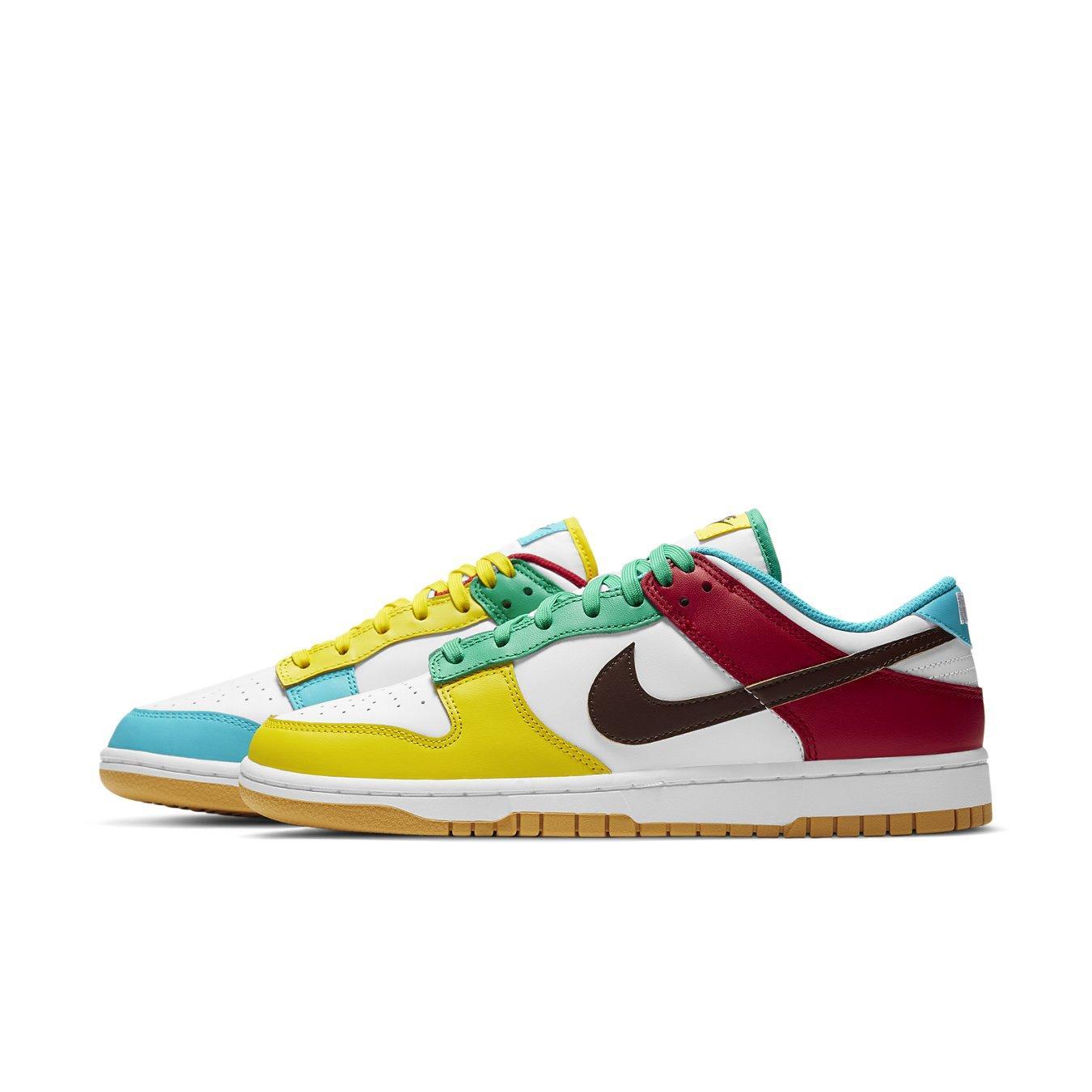 Nike Dunk Low Free 99 White, featuring vibrant colors with a white leather base and unique design elements.