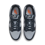 Nike Dunk Low Georgetown sneakers in gray and navy with vibrant orange details and classic design.